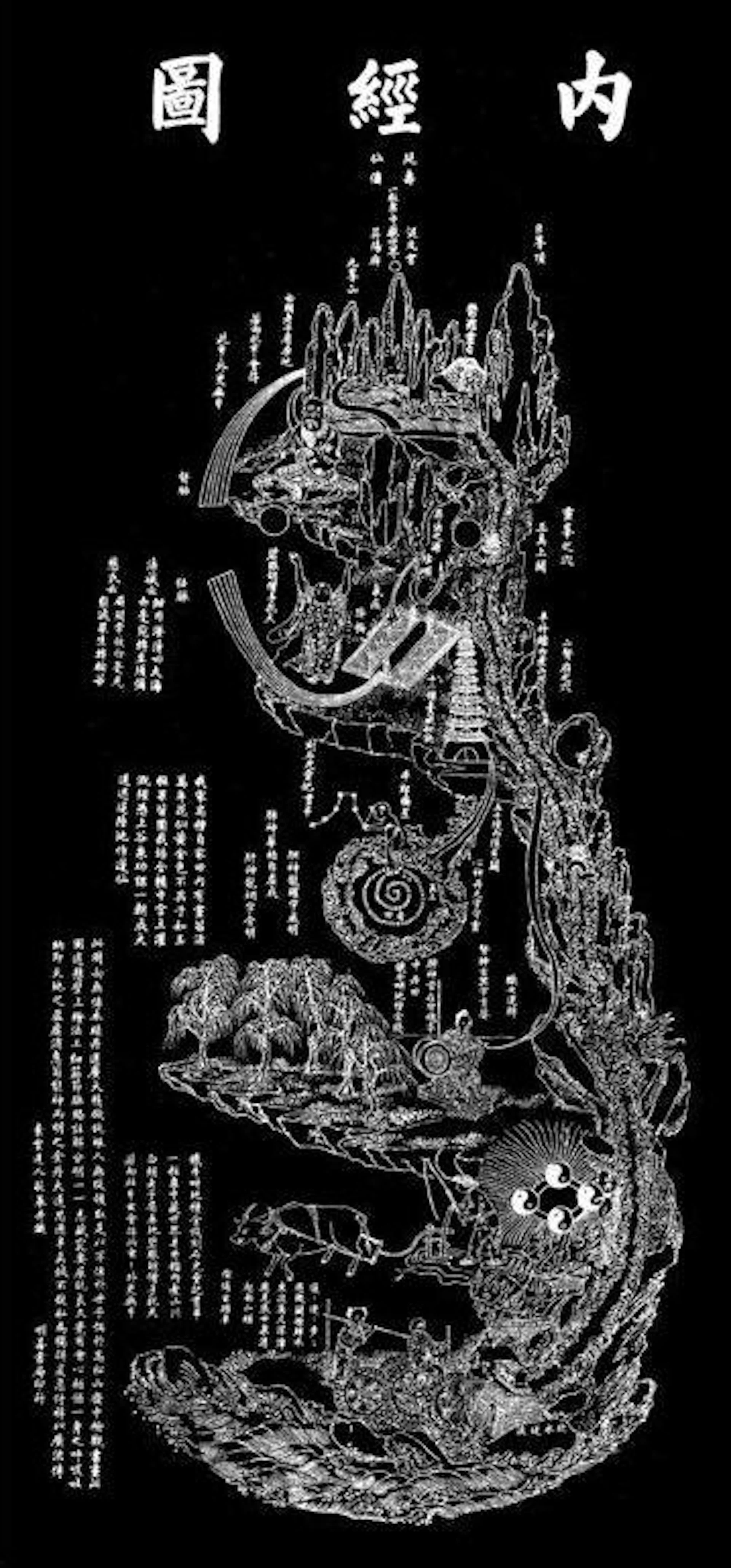 An intricate white line drawing on a black background.