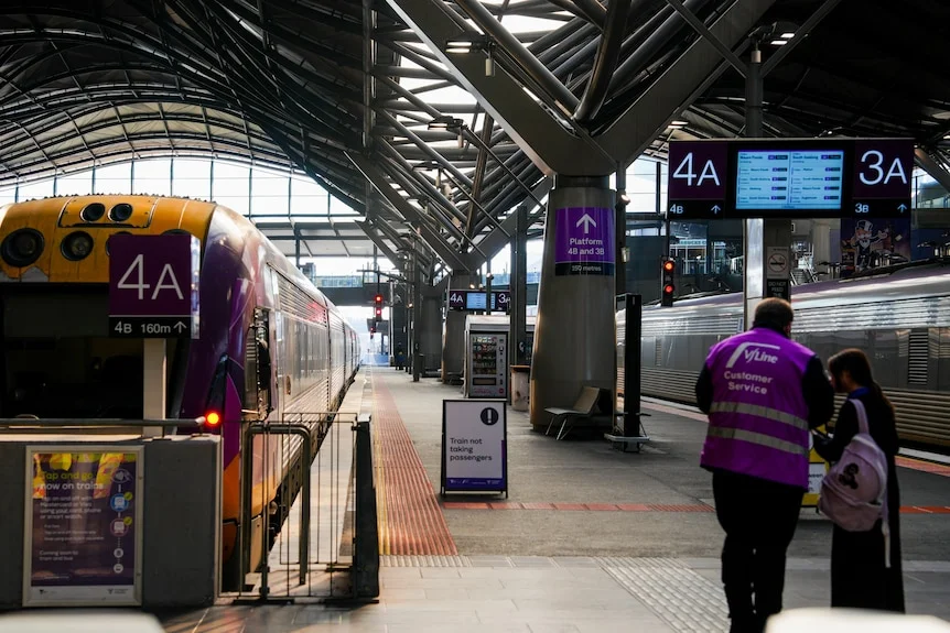 All of Victoria's V/Line trains are at a standstill, with Southern Cross station's platforms virtually deserted.