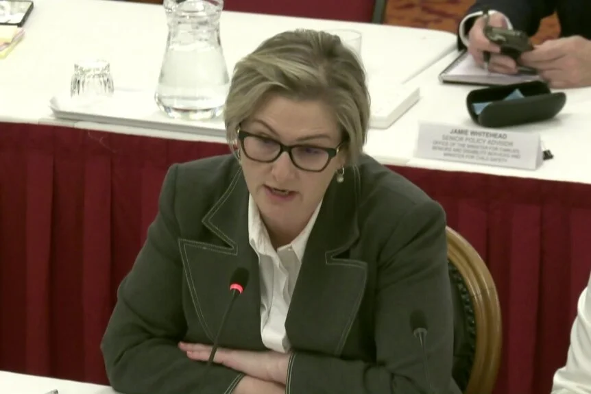 A woman in a wide lapel jacket and glasses speaking in parliament.