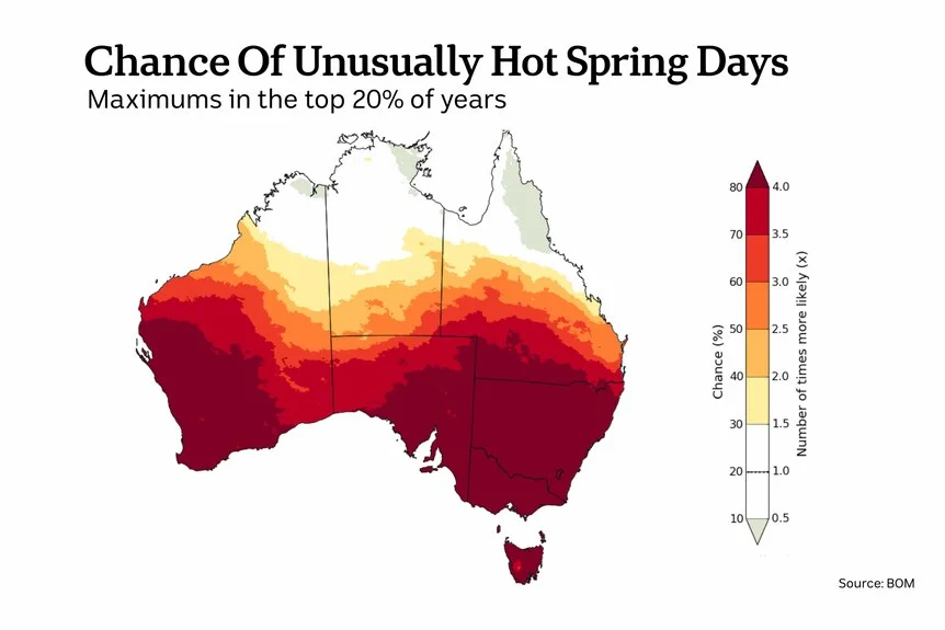Temperature map indicating above-normal conditions across Australia.