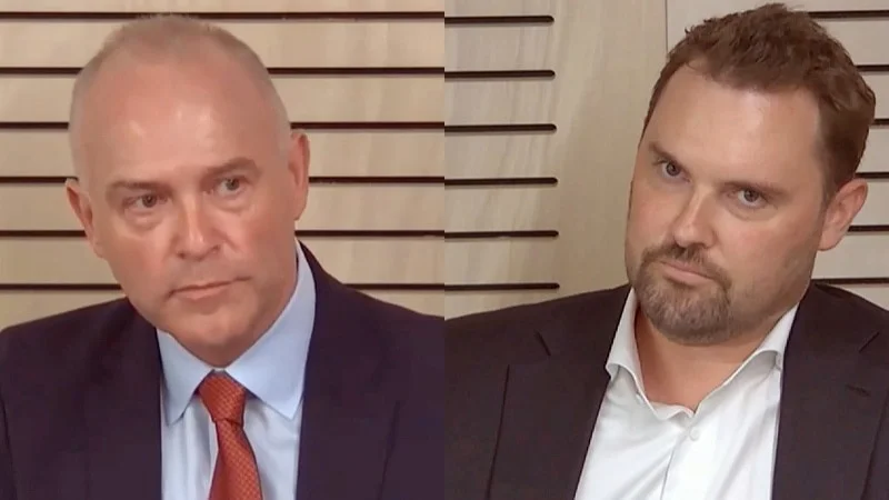 A composite image of Dallas McInerney from Catholic Schools NSW and Jeremy Greenwood during their appearance at the ICAC