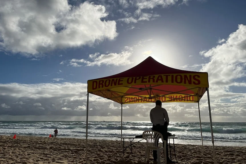 A four-pole beach shelter over a person is silhouetted against a beach.