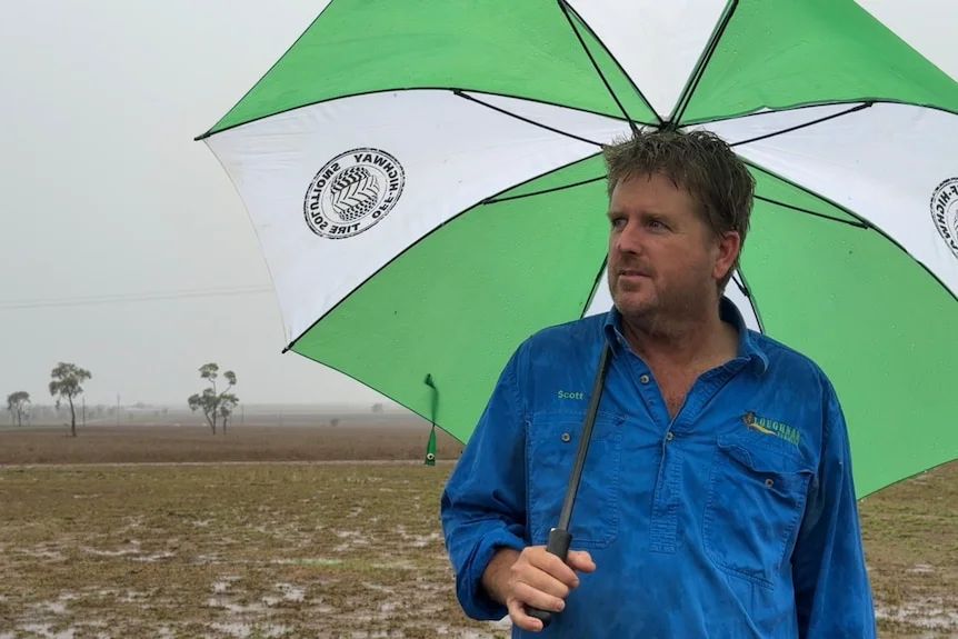 A man in a blue jacket holding an umbrella with a field behind him.