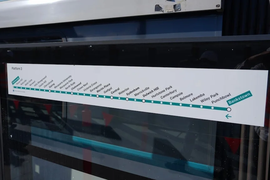 A shot of a the new southwest metro line, with a sign showing destination stops.