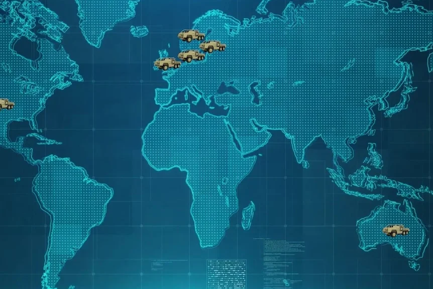 A blue world map showing miniature military vehicles positioned in some countries.