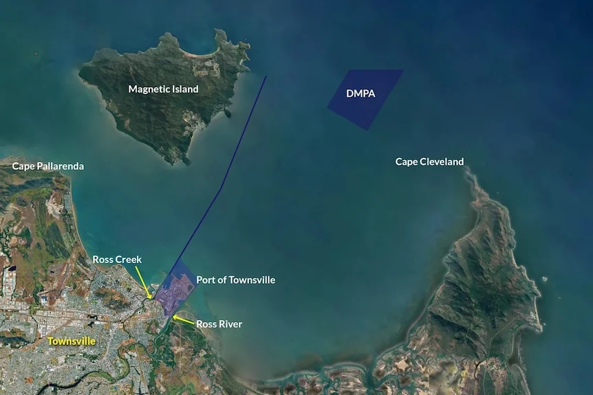 A satellite image of an island offshore of Townsville. A small area over the ocean is marked as DMPA.
