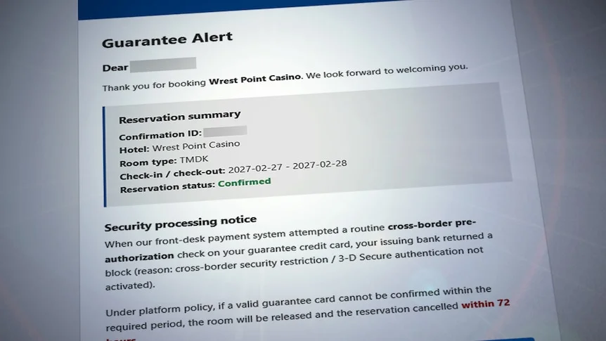 A scam email that lists hotel booking details and asks for the credit card number to be updated.