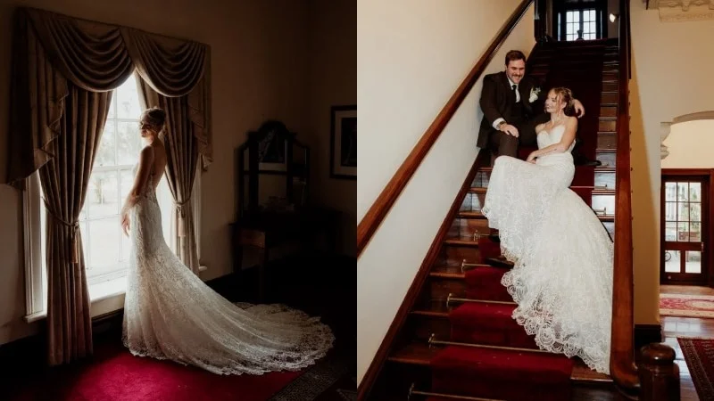 A composite of two wedding photos, one of a bride standing in fornt of a window and one of the bride and groom sitting on stair 