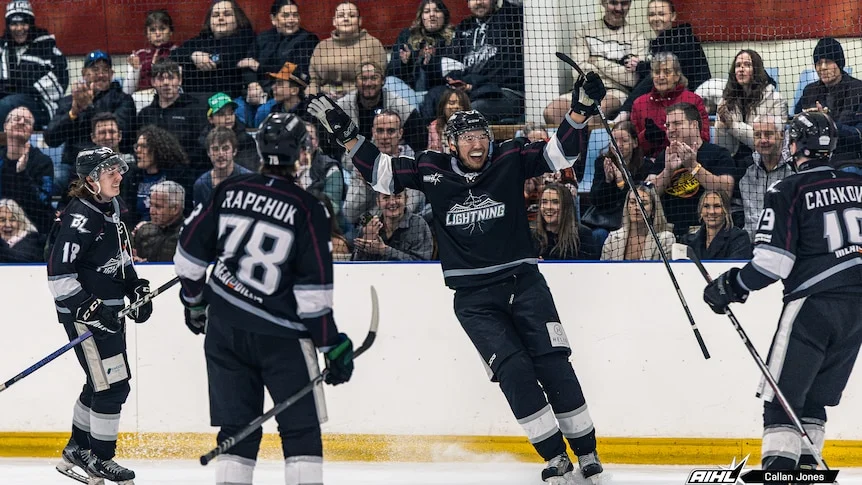 Four hockey players on an ice rink celebrating while a crowd watches. 