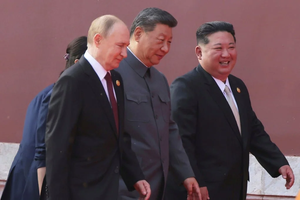 (From left) Russian President Vladimir Putin, Chinese President Xi Jinping and North Korean leader Kim Jong-un head to a military parade marking the 80th anniversary of the end of World War II at Tiananmen Square in Beijing on September 3, 2025. Photo: KCNA/AP