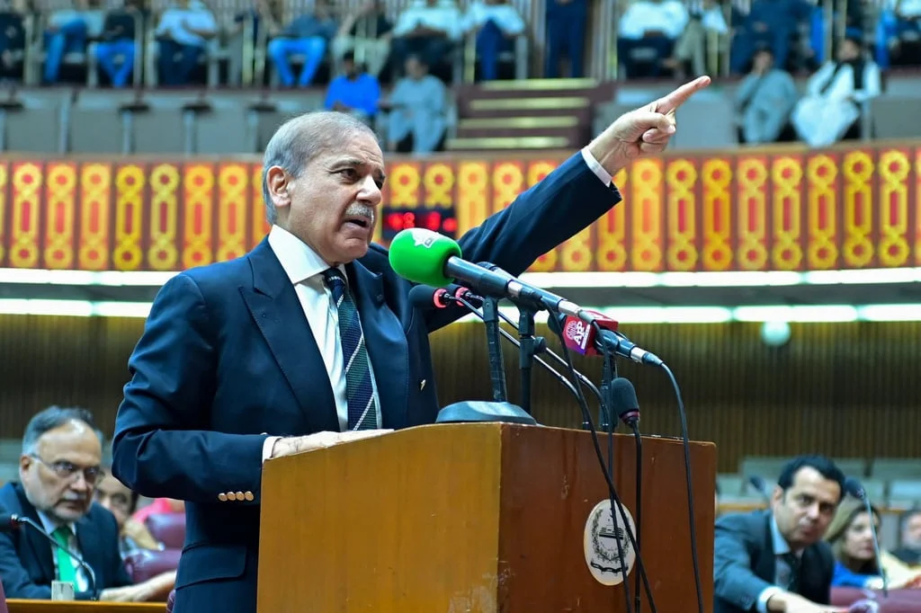 Pakistan’s Prime Minister Shehbaz Sharif speaks at the National Assembly in Islamabad in 2025. Pakistan has played a crucial role in peace talks between the United States and Iran. Photo: AFP/Pakistan’s Prime Minister Office