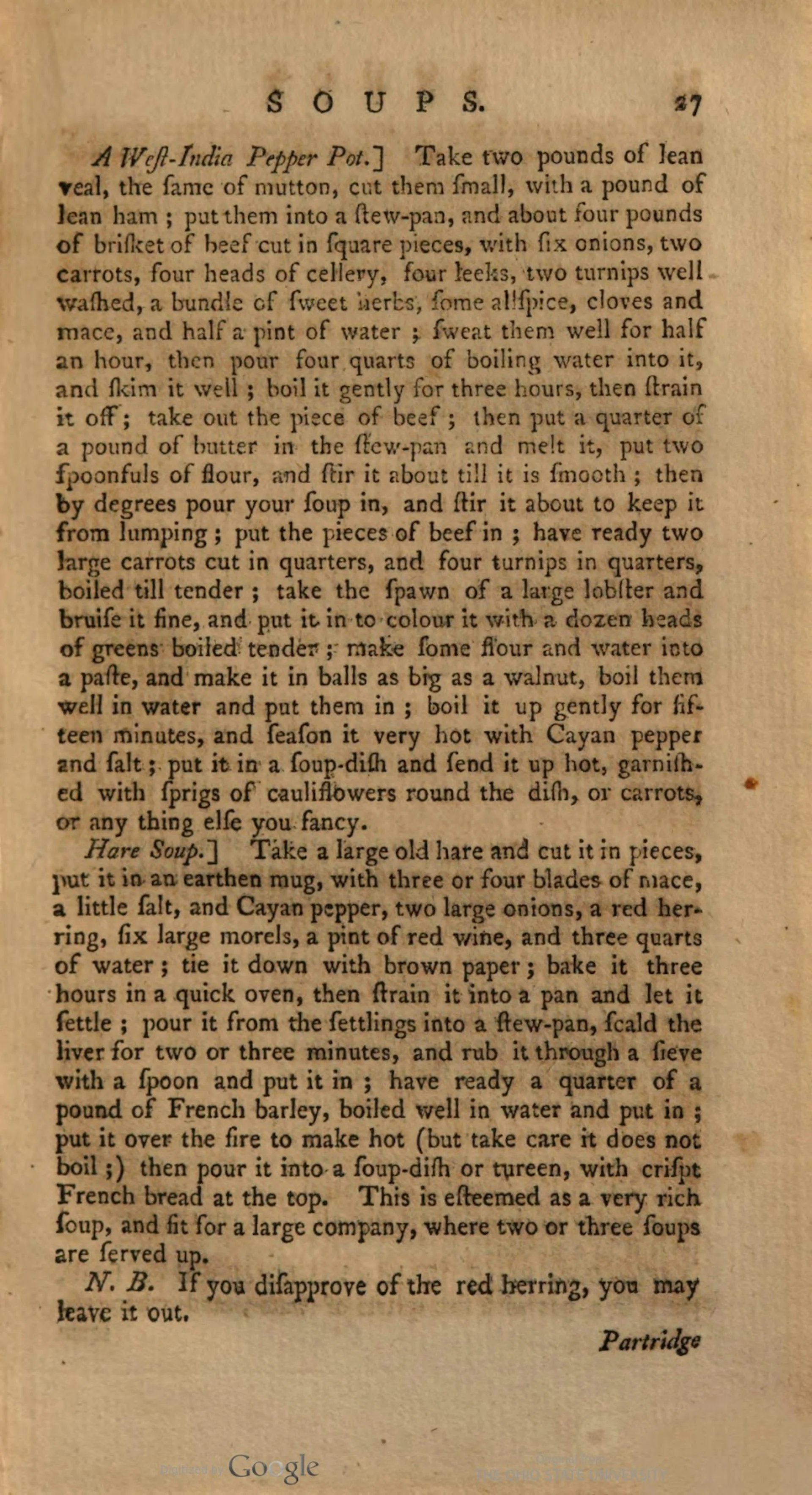 A yellowed page of recipes with 'Soups' written at top of page