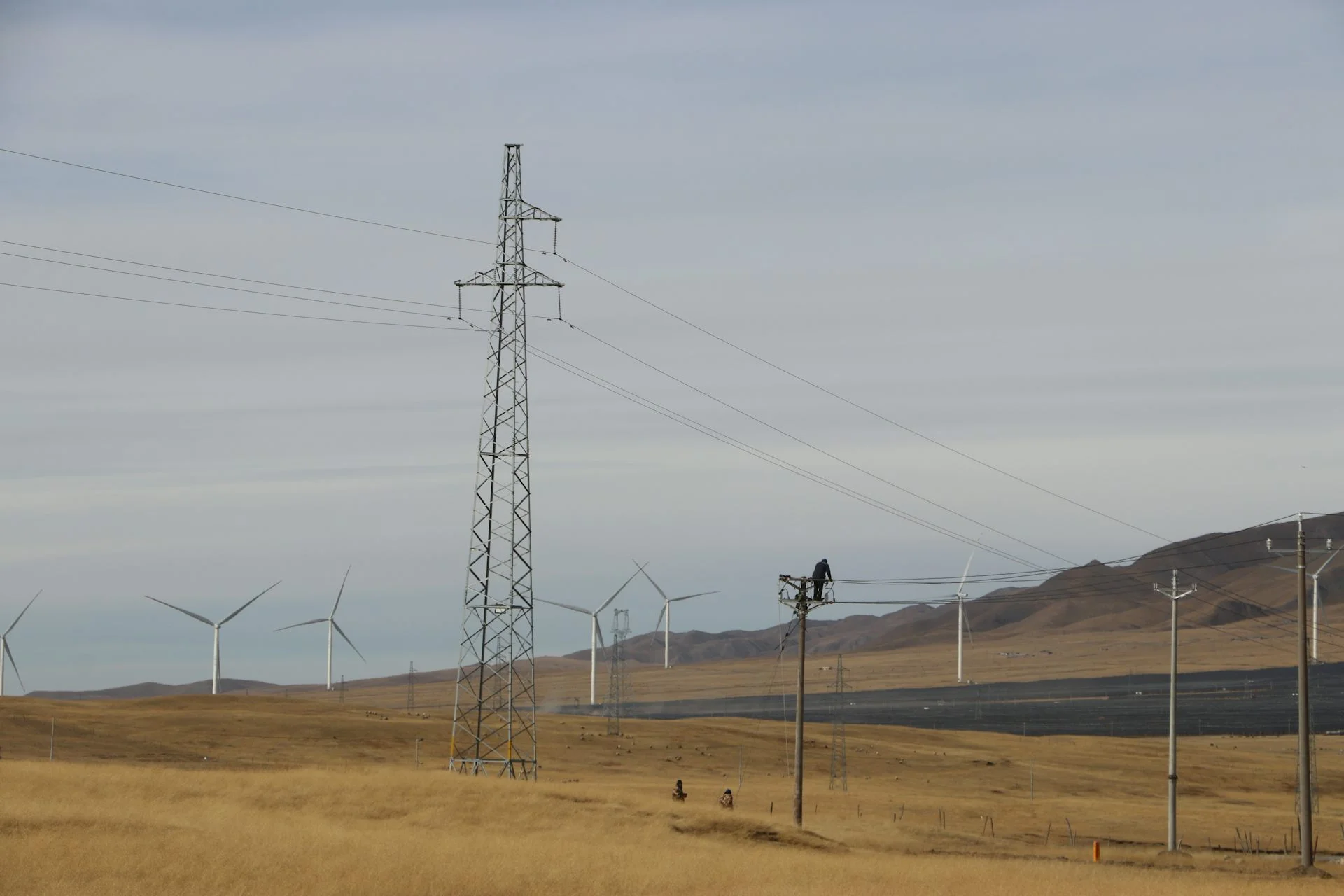People climb a wooden pole that is dwarfed by metal towers and wind turbines.