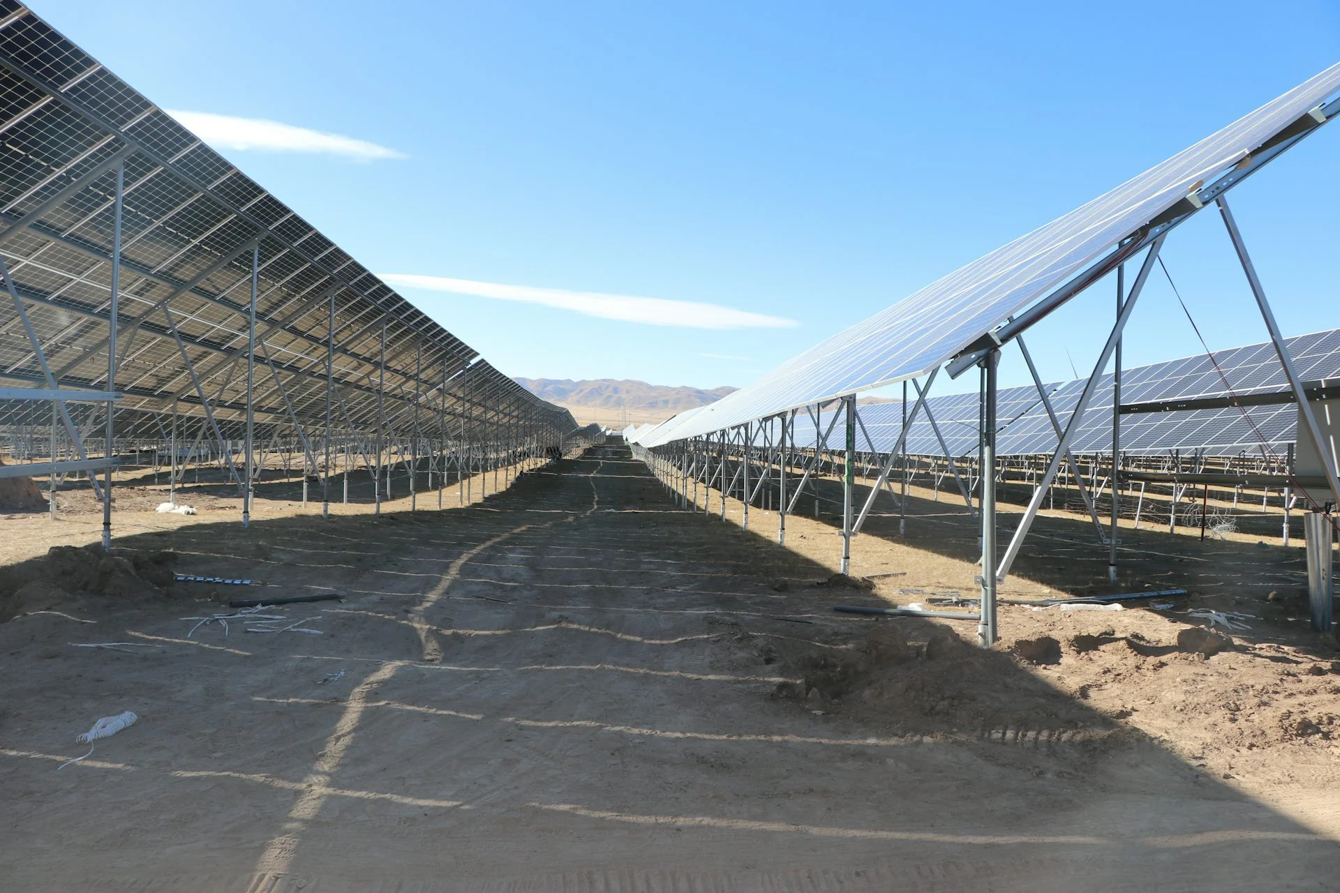 Mostly bare ground lies between rows of solar panels.