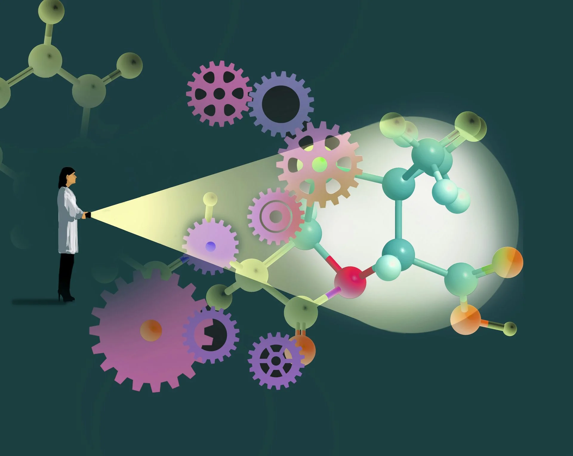 A cartoon image shows a person shining a light on molecules.