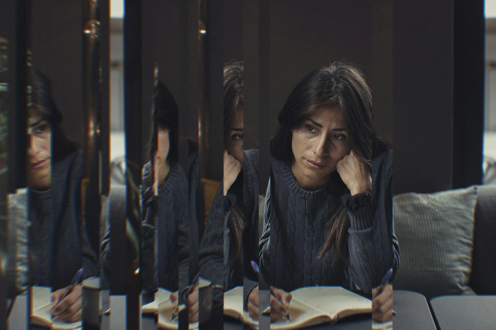 A brunette woman writes in a journal and looks pensive, with her face partially reflected in several thin panes of glass.