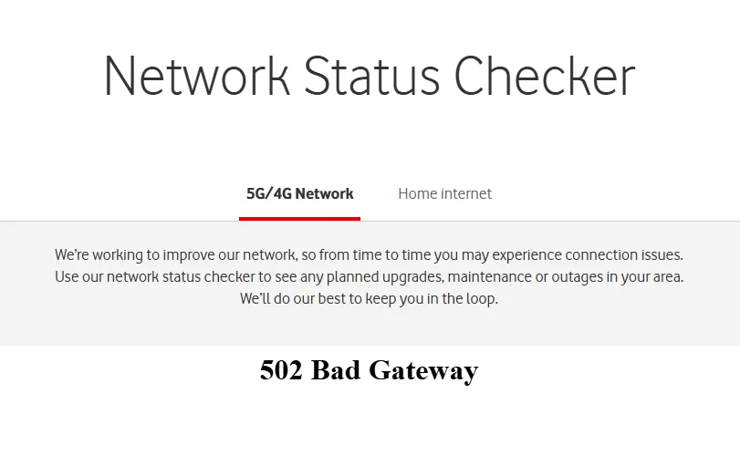 A screenshot of Vodafone Australia's website shows a status checker displaying "502 Bad Gateway".