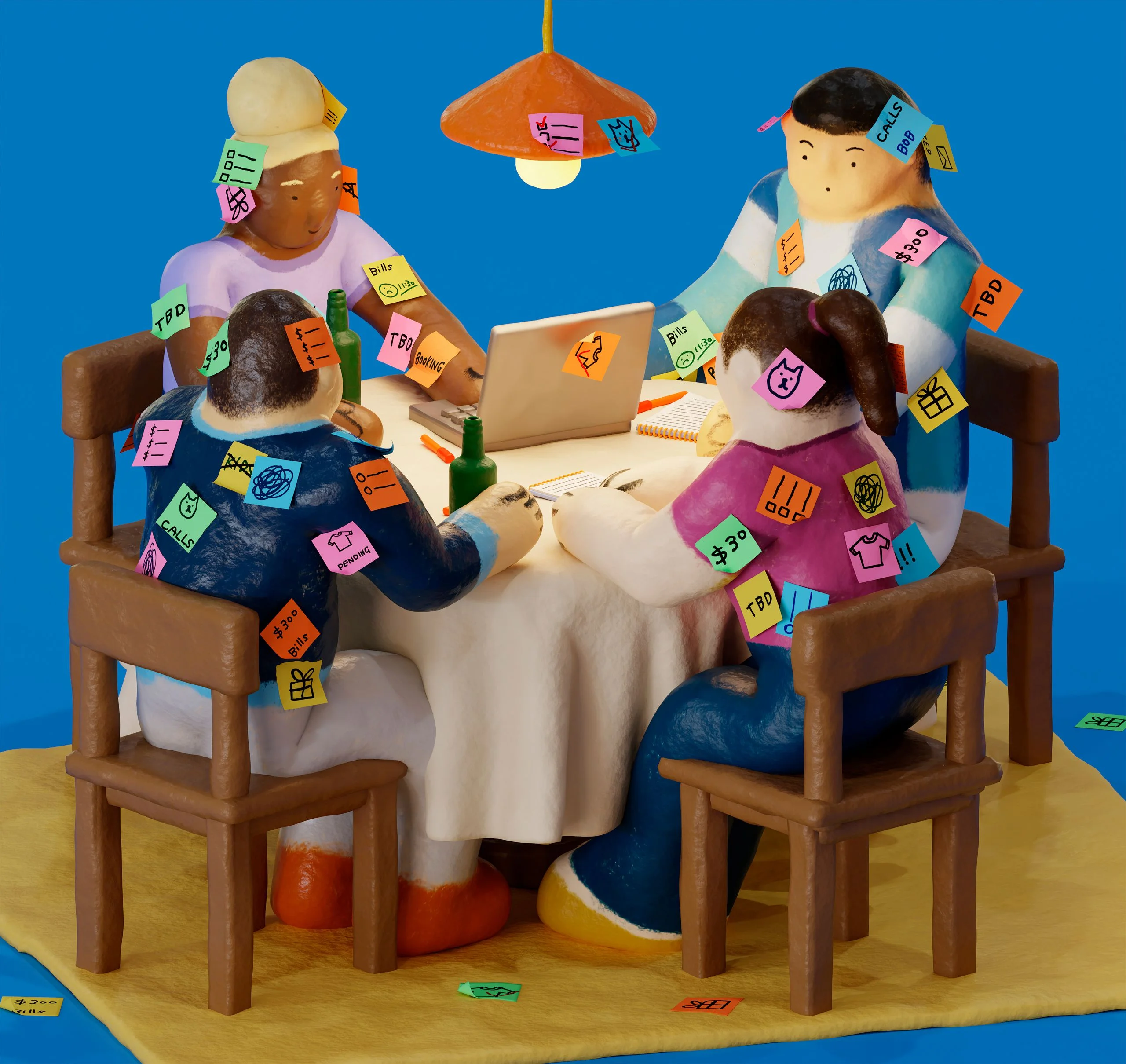 A group of people around a table with sticky notes all over their bodies