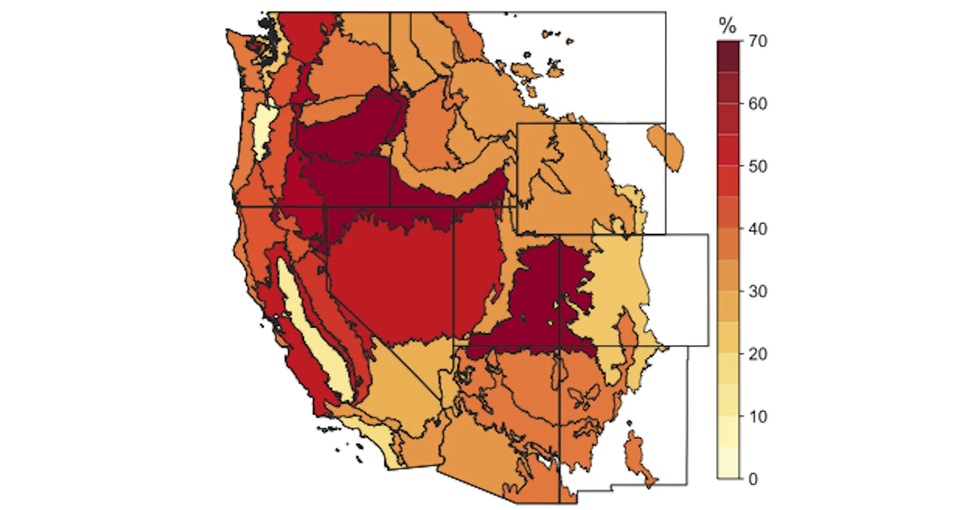 A map of the western U.S. shows the greatest influence of heat waves on parts of California, Oregon, Nevada, Idaho and Utah, but all areas with high percentages.
