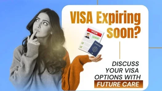 A graphic pictures a thoughtful woman and text reading 'Visa expiring soon? Discuss your options'. 