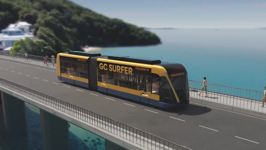 Artist graphic of metro style bus on a bridge over water