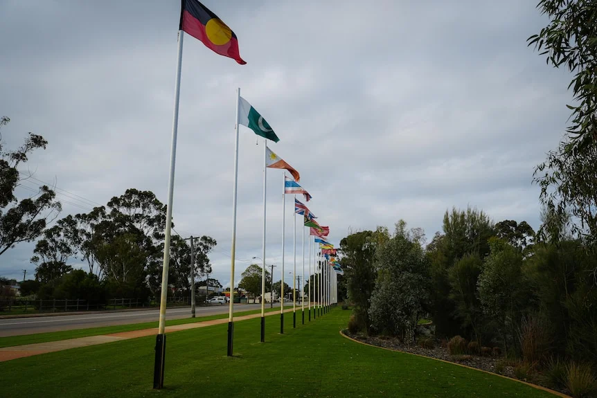 A row of flags representing multiple nationalities raised in a park.