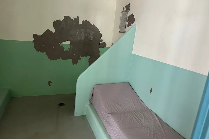 Inside a dingy watch-house cell with paint scrapped of the walls. 