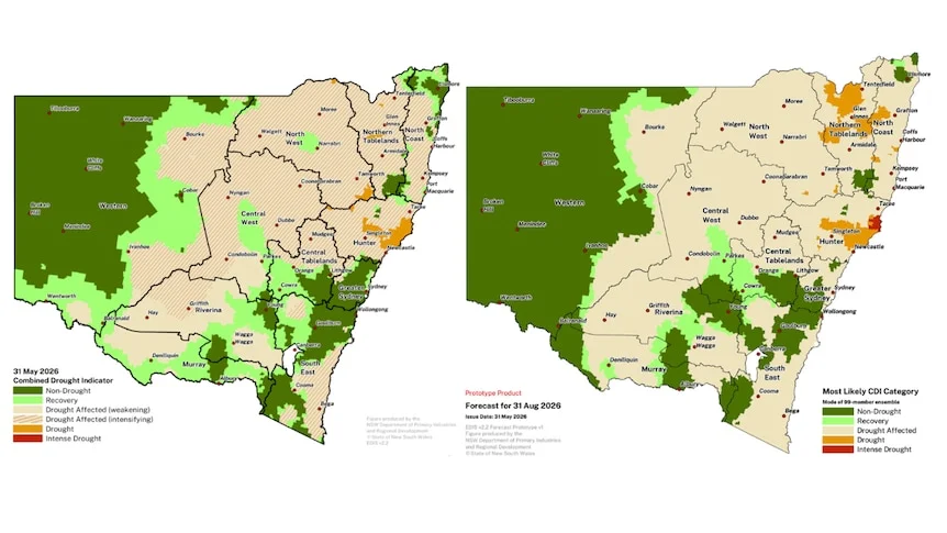 Two maps showing worsening drought conditions between May and August in much of north east NSW