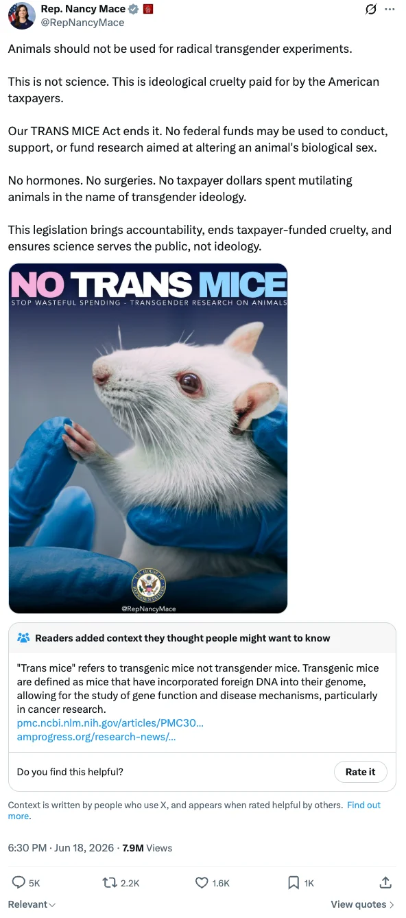 Mace stood behind her claim on X, insisting that she was not talking about transgenic mice