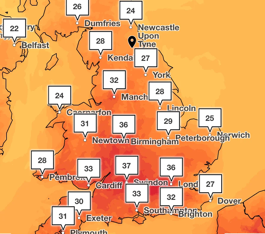 Temperatures predicted at 7pm on Wednesday evening