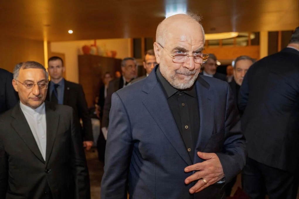 Mohammad Bagher Ghalibaf, Iran’s parliament speaker, arrives at the talks in Switzerland on Sunday. Photo: AFP