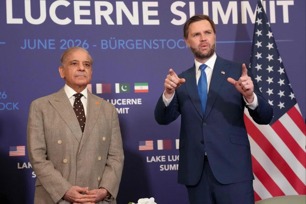 US Vice-President J.D. Vance pictured with Pakistani Prime Minister Shehbaz Sharif at the Burgenstock hotel near Lucrene. Photo: AFP