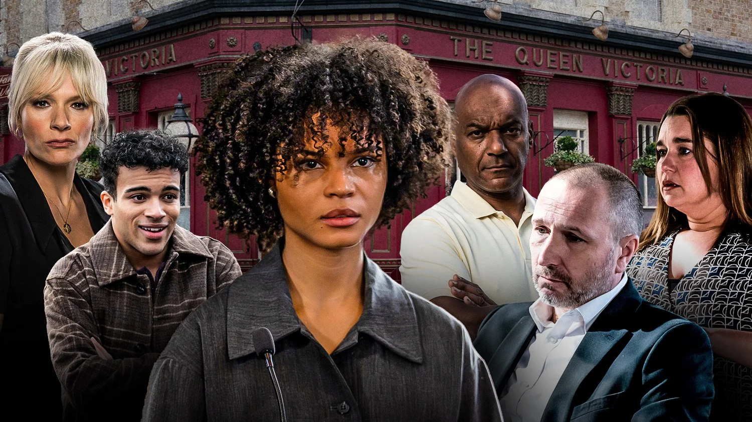 An EastEnders collage of characters Nicola Mitchell, Josh Goodwin, Jasmine Fisher, George Knight, Ross Marshall and Vicki Fowler, on a backdrop of the Queen Vic pub.