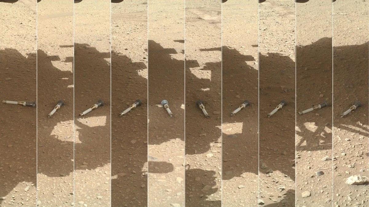A photomontage shows sample tubes collected by NASA’s Perseverance Mars rover on the surface of Mars between December 2022 to January 2023. To figure out of the carbon is biological in nature, the samples will need to come home