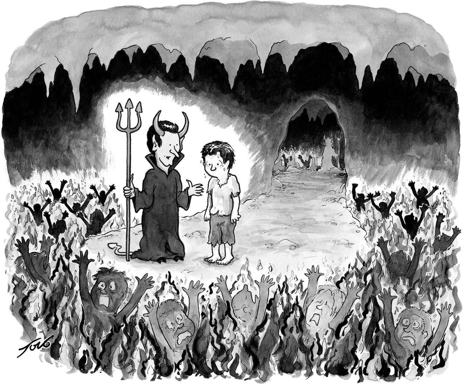 The devil talking to man in Hell.