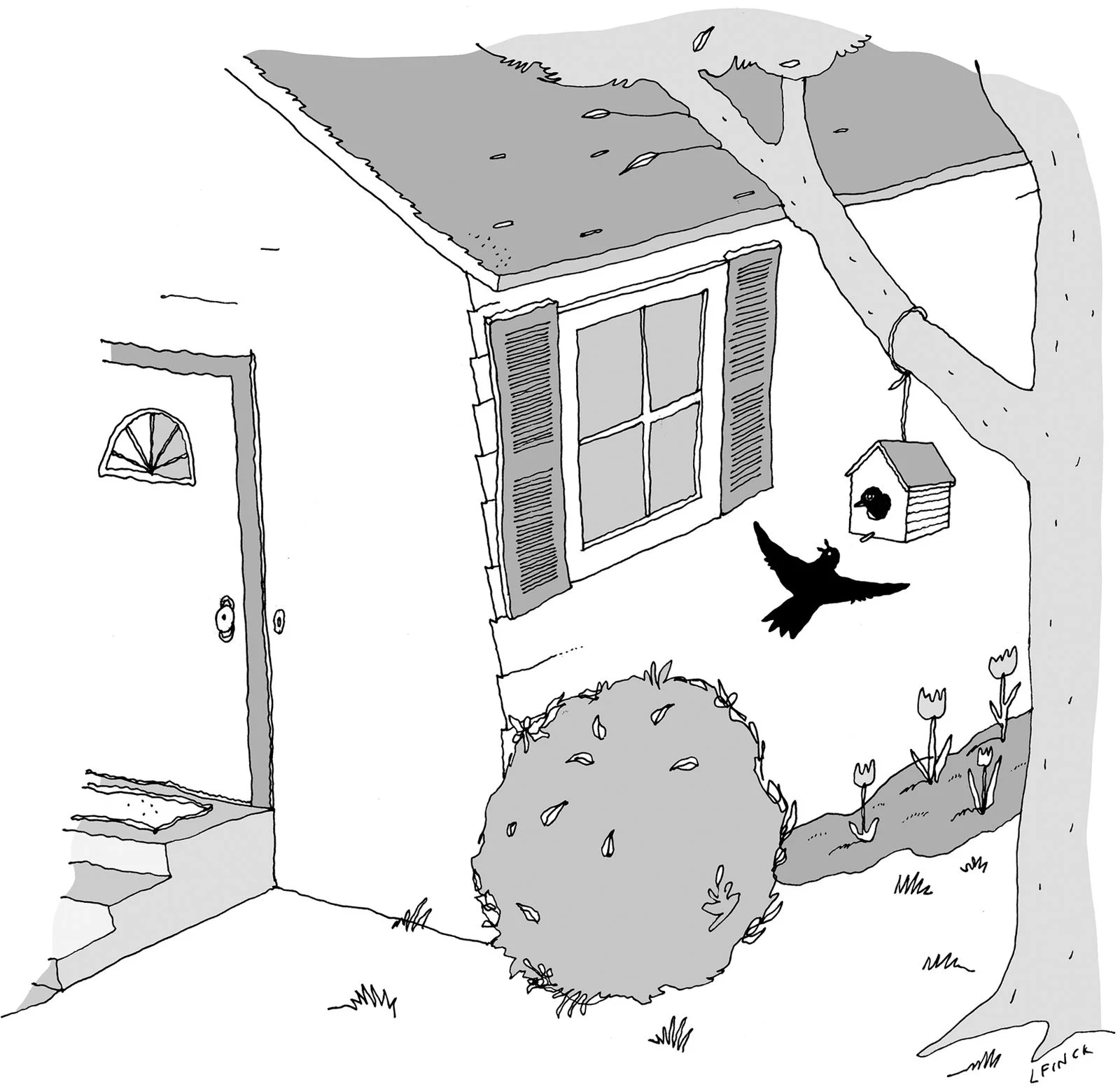 A bird flies into a birdhouse hanging on a tree outside a house while looking at the house and talking to another bird...