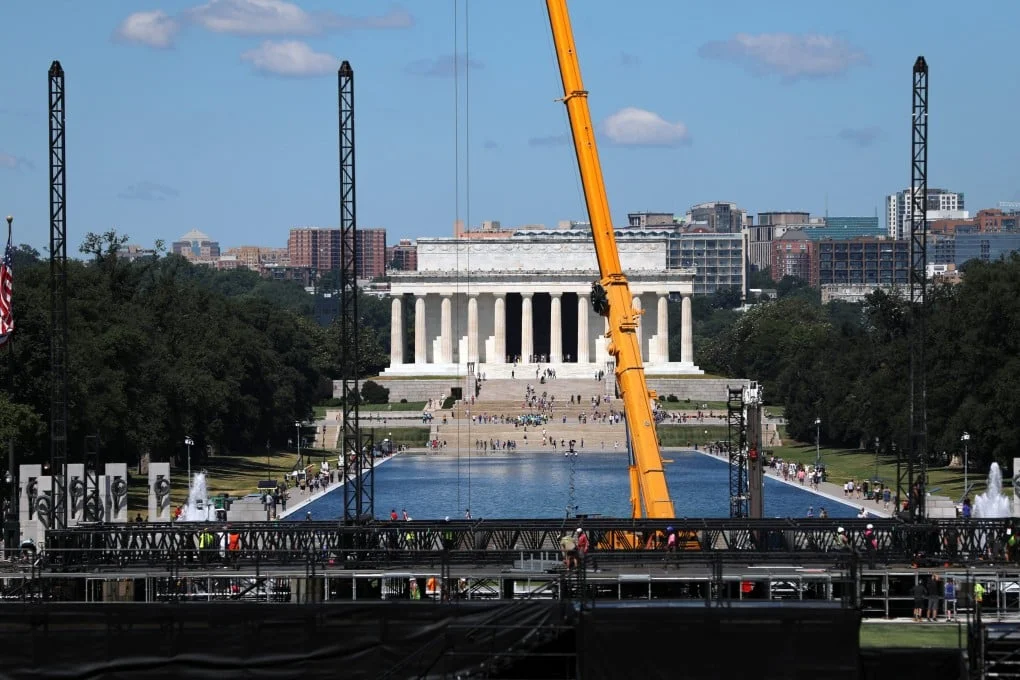 Work continues on the National Mall in Washington on Wednesday for the 250th anniversary celebrations. Photo: AP
