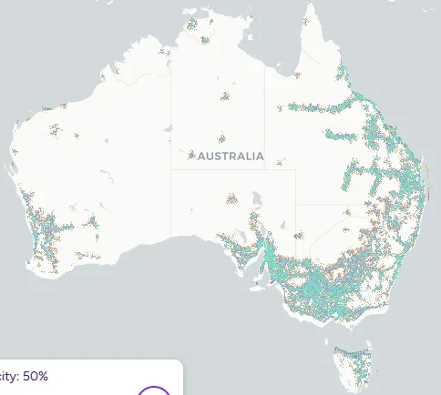 Map of Australia showing TPG 4G coverage primarily in coastal areas and the south east corner