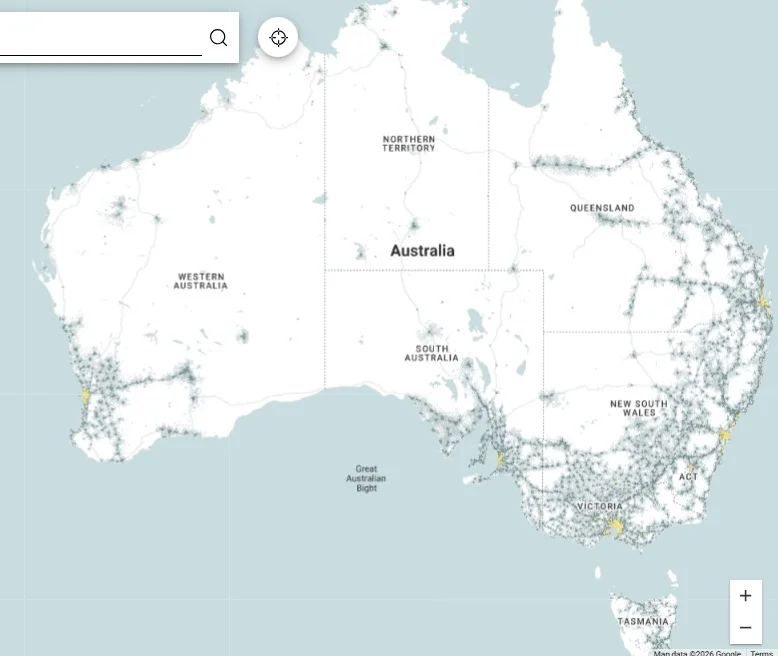 Map of Australia showing Optus standrad 5G coverage primarily in coastal areas and the south east corner