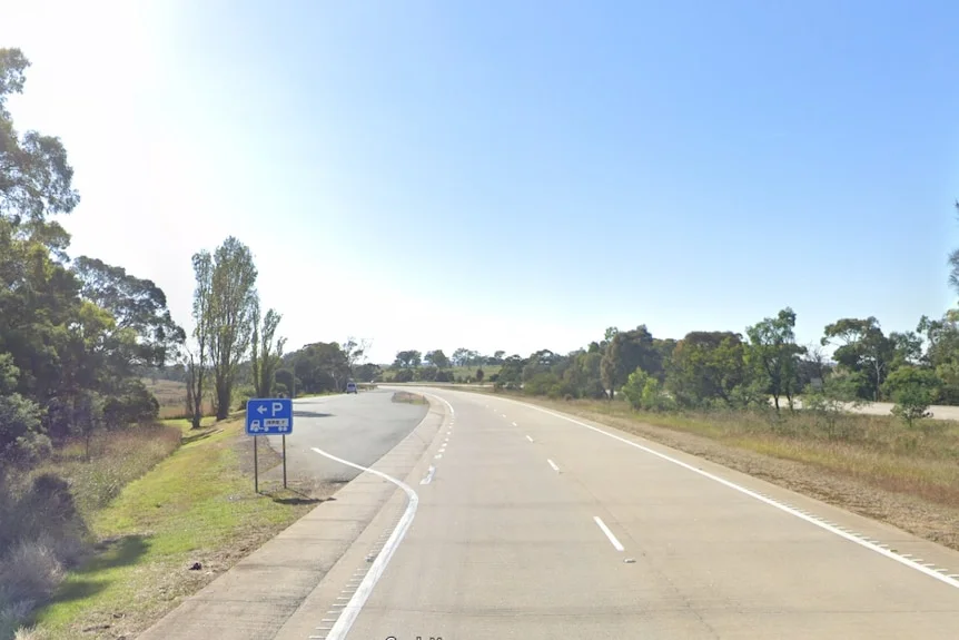 A road with a small bit of paved side-road near it, trees and a median strip on either side.