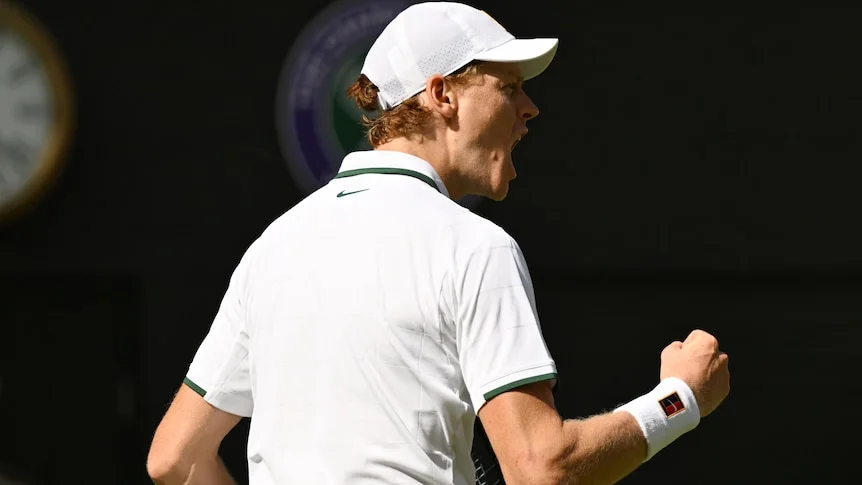 Jannik Sinner shouts during a match at Wimbledon.