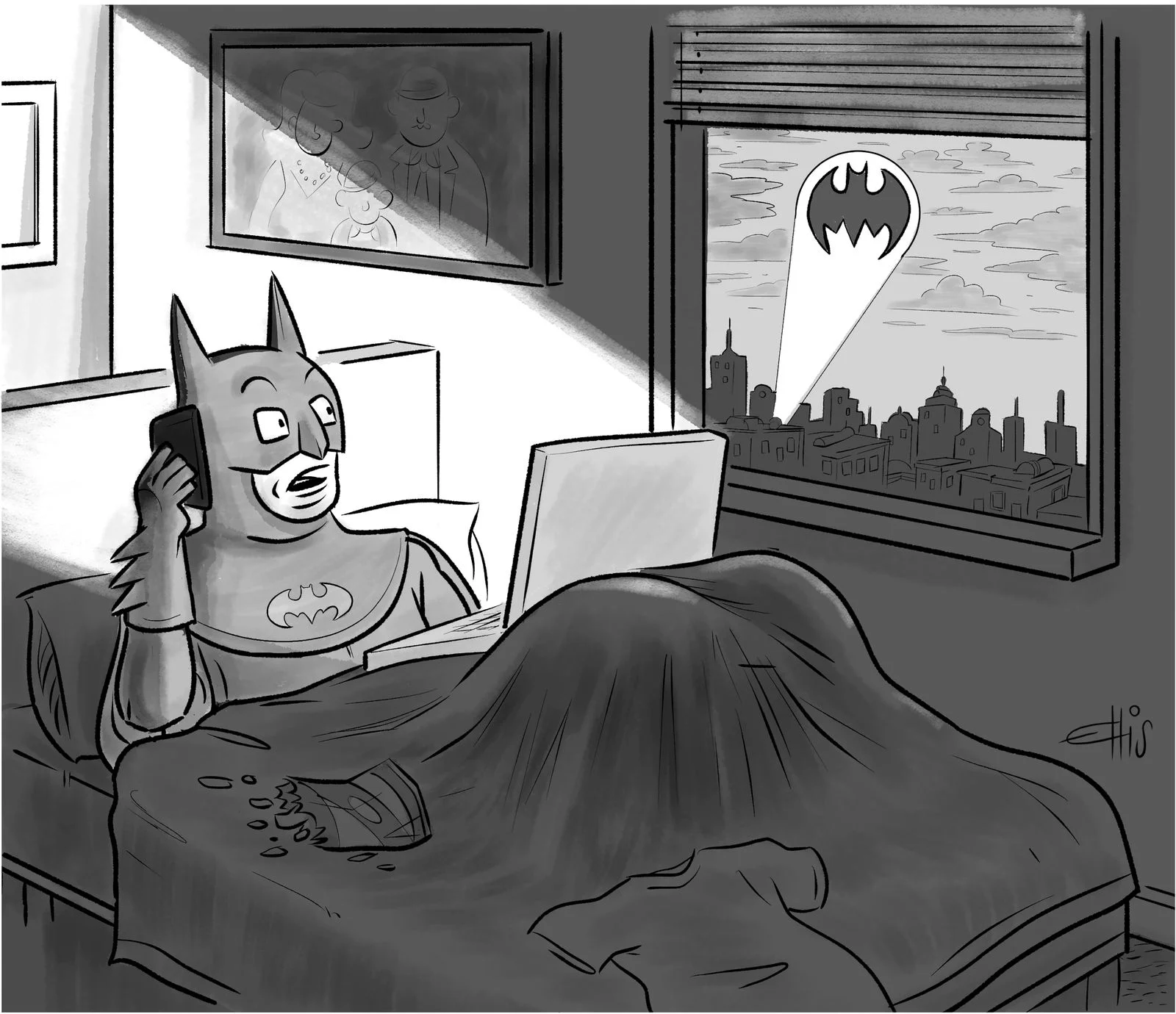 Batman talks on phone and looks at BatSignal out window while in bed with computer and chips.