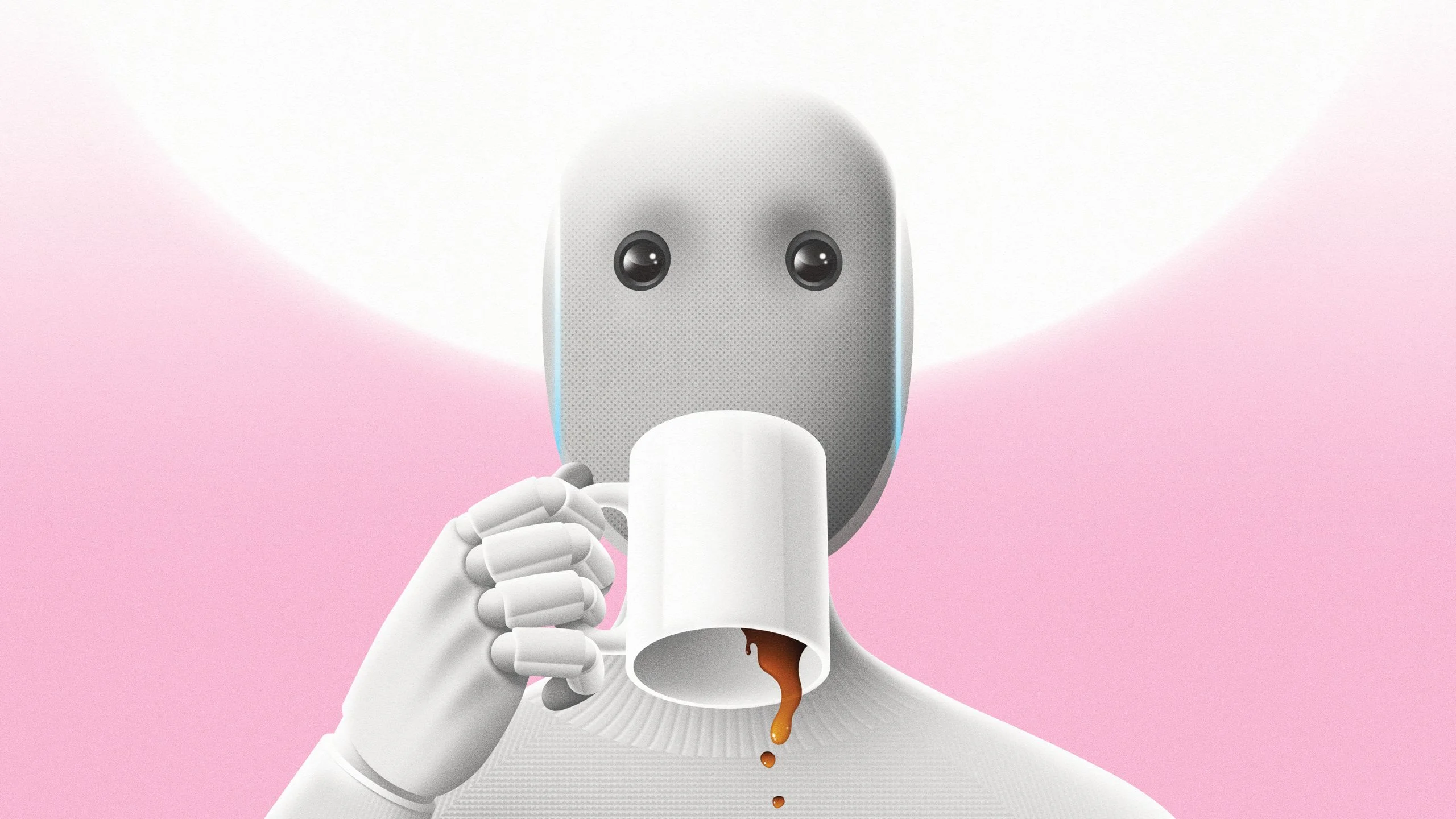 Robot holding a coffee cup upside down.