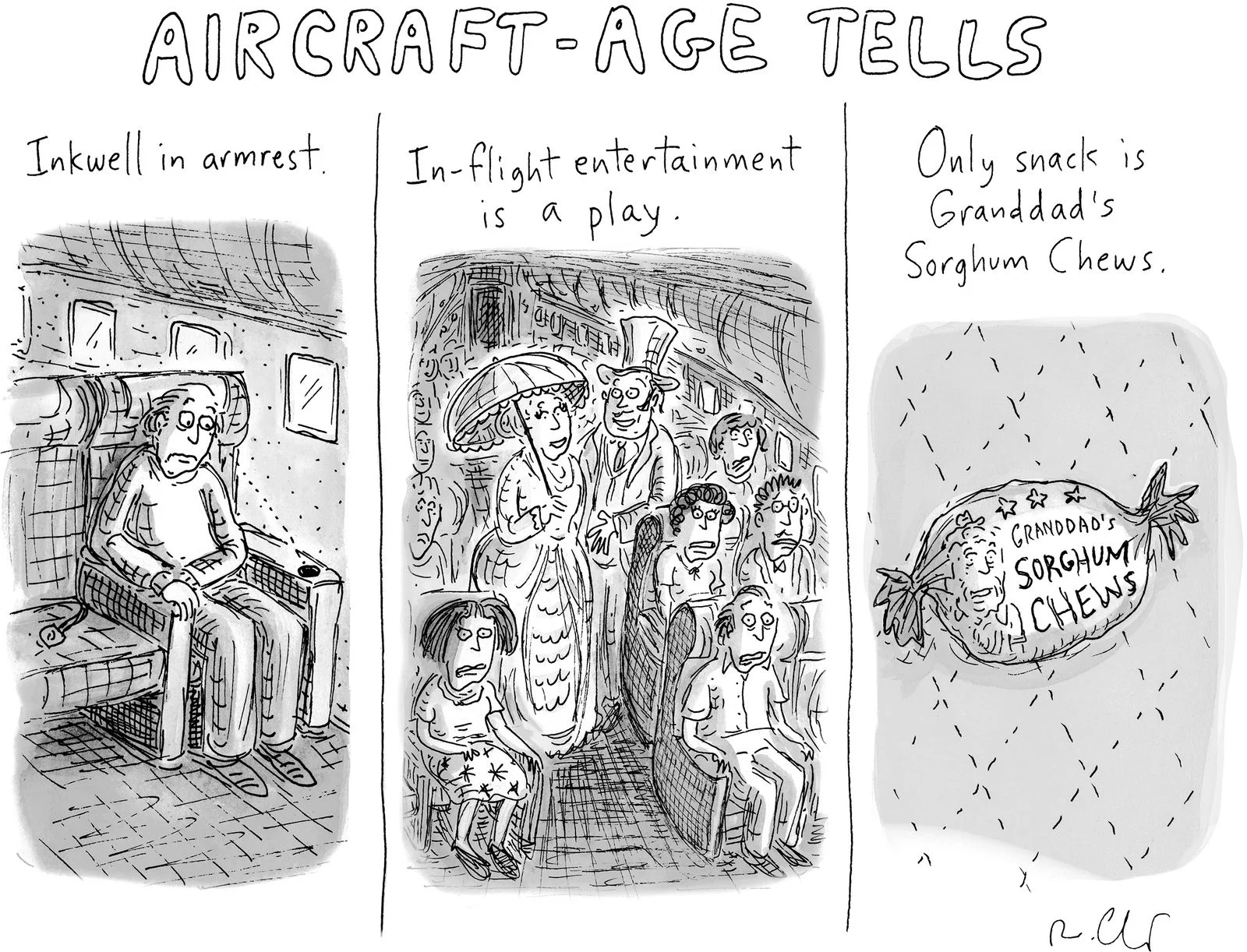 Three panels of aircraftage tells.