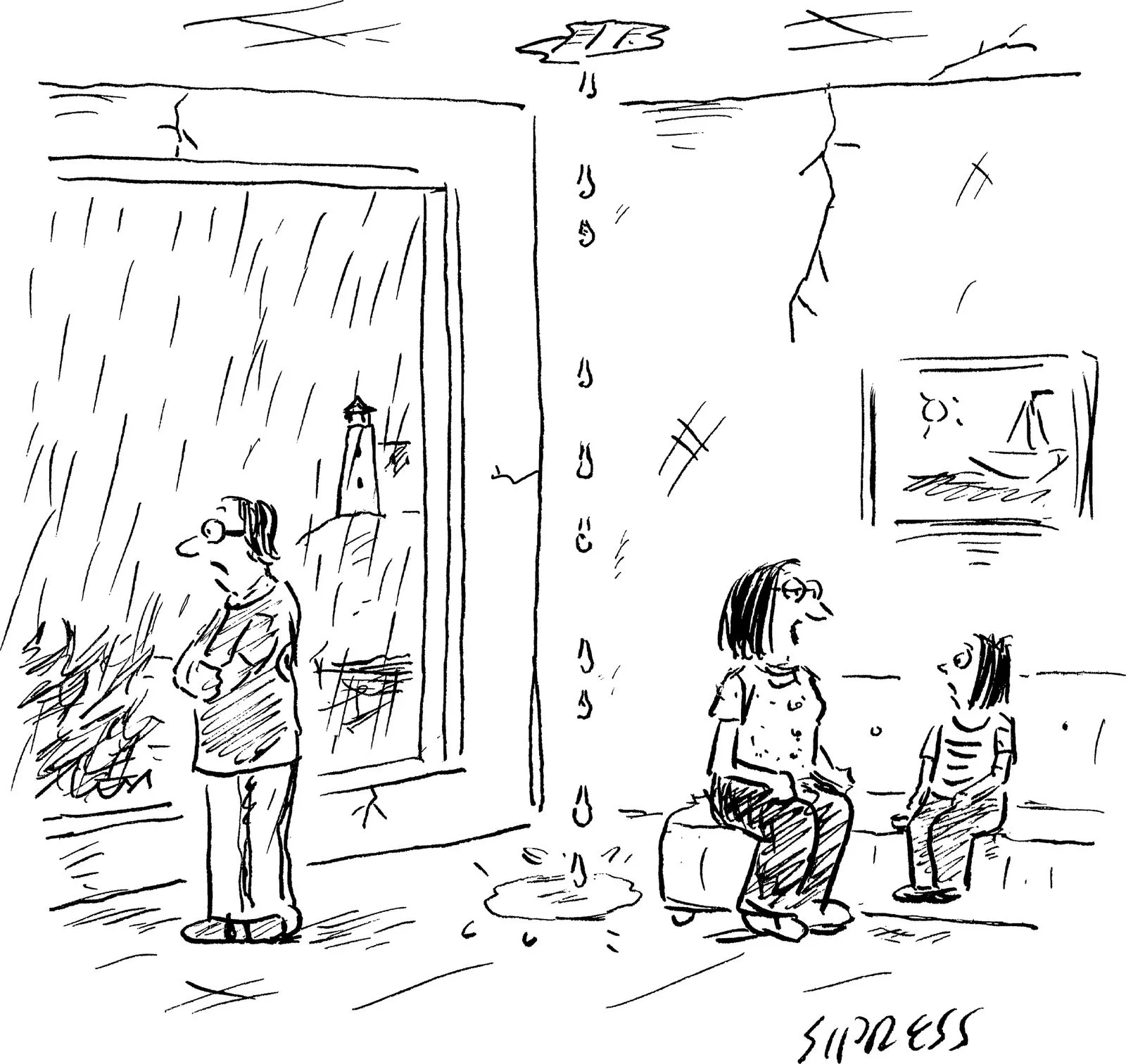 Parents and child on vacation in a hotel room with a leak.