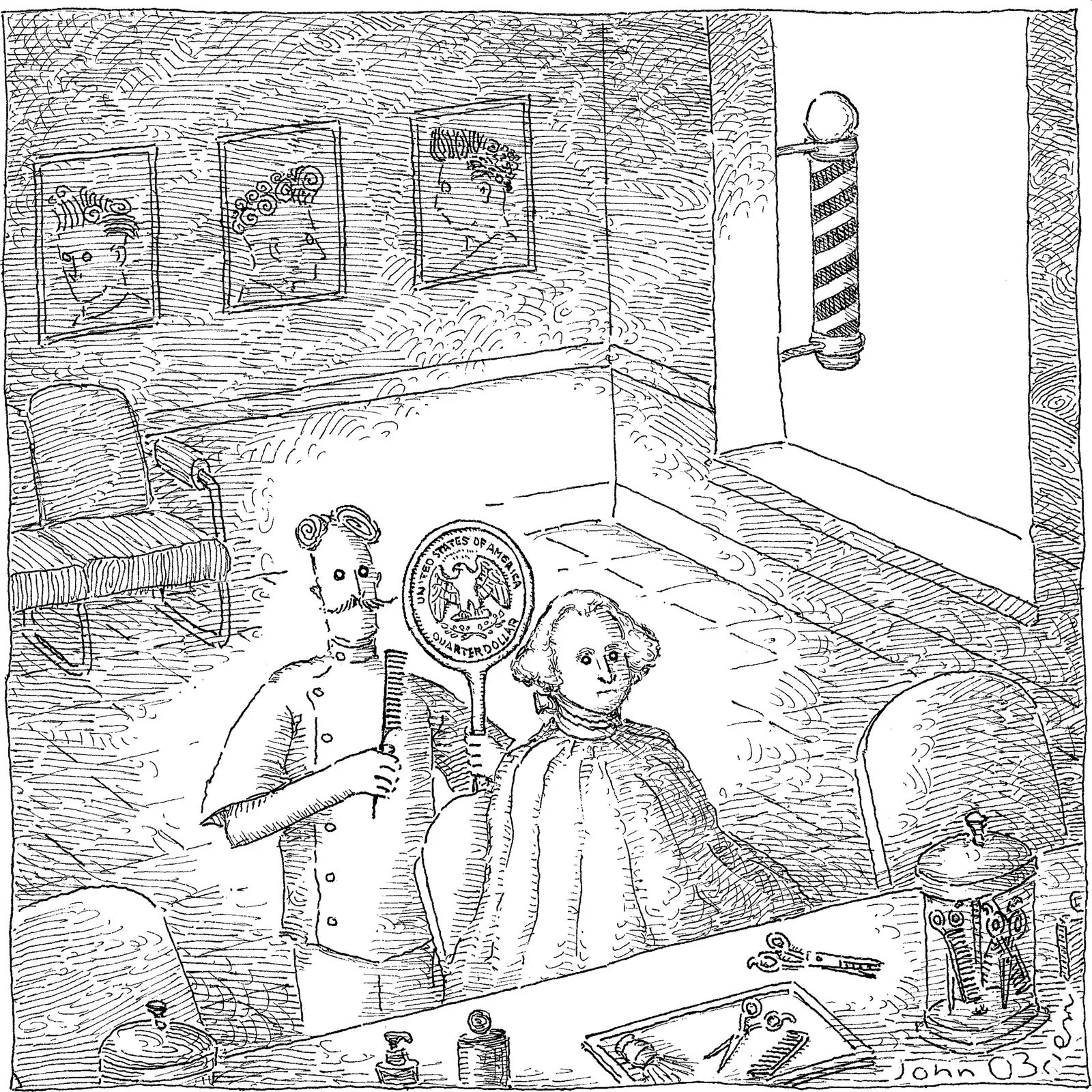 Barber showing George Washington the back of his head which looks like the eagle side of a quarter.